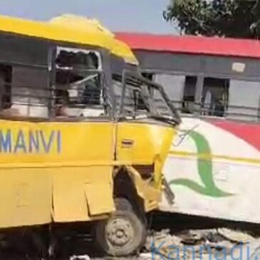 ಮಾನ್ವಿ | ಶಾಲಾ ವಾಹನ-ಬಸ್‌ ಮಧ್ಯೆ ಡಿಕ್ಕಿ: ಇಬ್ಬರು ವಿದ್ಯಾರ್ಥಿಗಳು ಸಾವು, 17 ವಿದ್ಯಾರ್ಥಿಗಳಿಗೆ ಗಾಯ