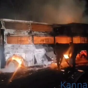 ಶಿವಮೊಗ್ಗ:  ತಡರಾತ್ರಿ ಹೊತ್ತಿ ಉರಿದ ಬಸ್ ; ಪ್ರಯಾಣಿಕರು ಪಾರು