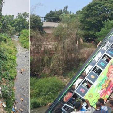 ಭದ್ರಾವತಿ : ನಿಯಂತ್ರಣ ತಪ್ಪಿ ಹಳ್ಳಕ್ಕೆ ಬಿದ್ದ ಬಸ್‌ ; 30ಕ್ಕೂ ಹೆಚ್ಚು ಜನರಿಗೆ ಗಾಯ